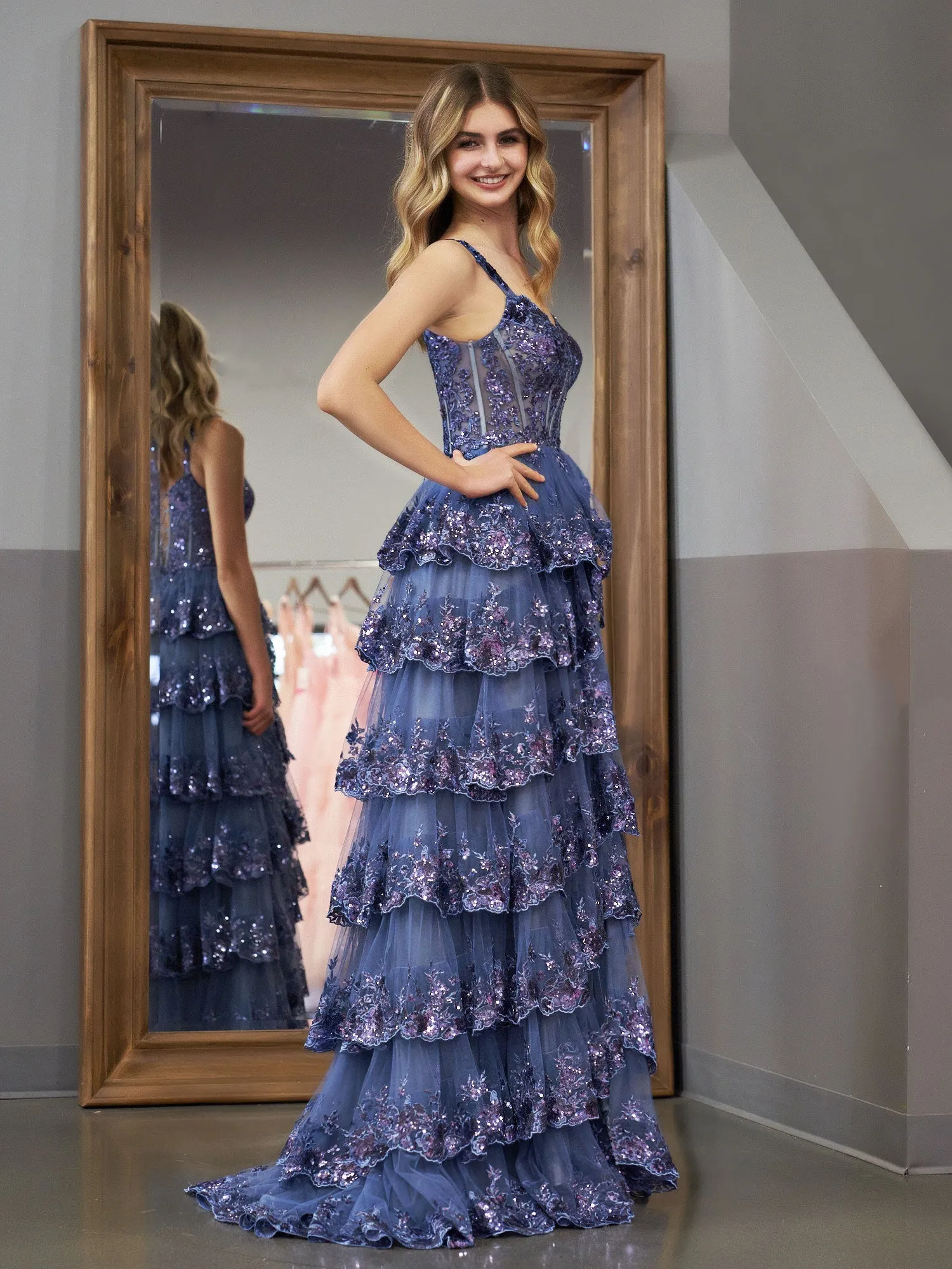 Grey Blue Princess A Line Off the Shoulder Corset Prom Dress with Lace Ruffles sold by KissProm product image thumbnail 4