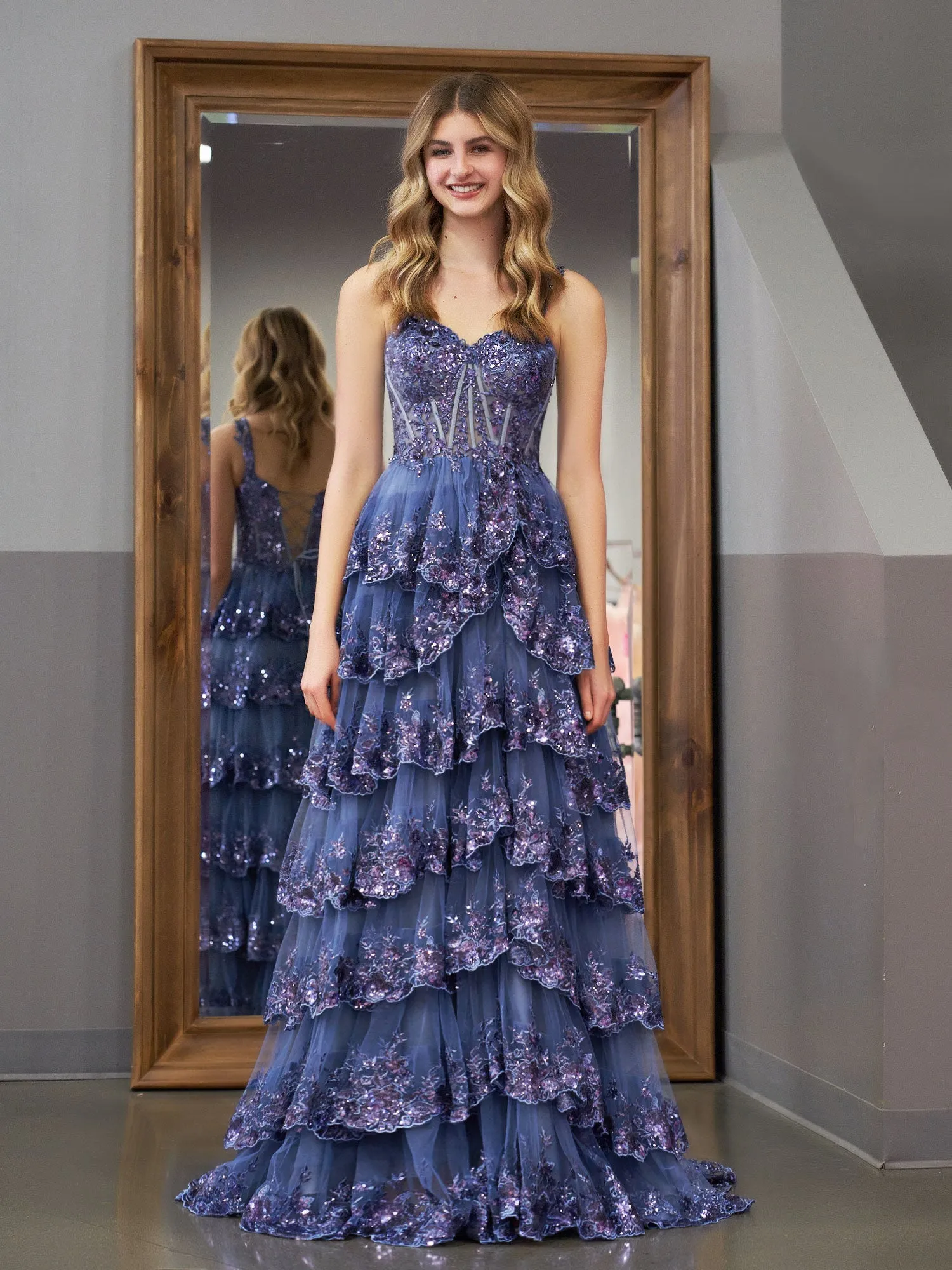 Grey Blue Princess A Line Off the Shoulder Corset Prom Dress with Lace Ruffles sold by KissProm product image thumbnail 3