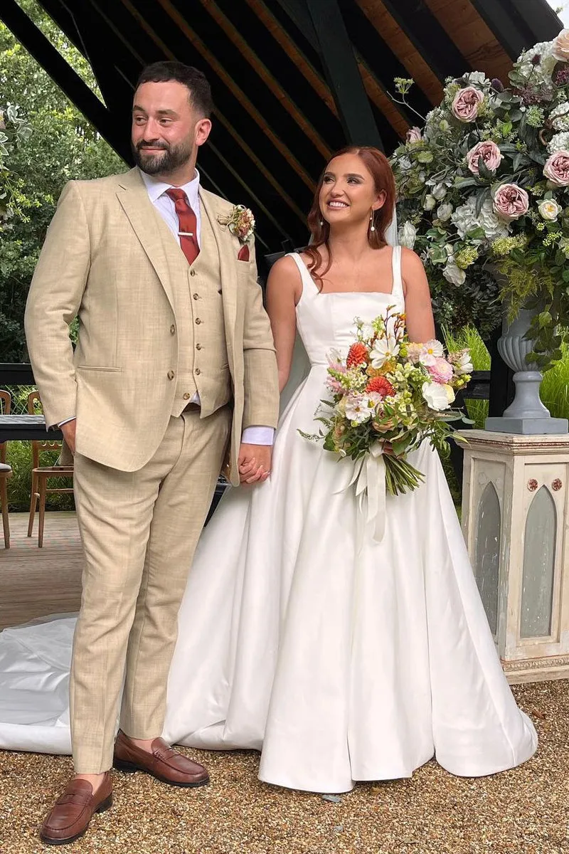 Elegant Square Neck White Satin Wedding Dresses sold by KissProm