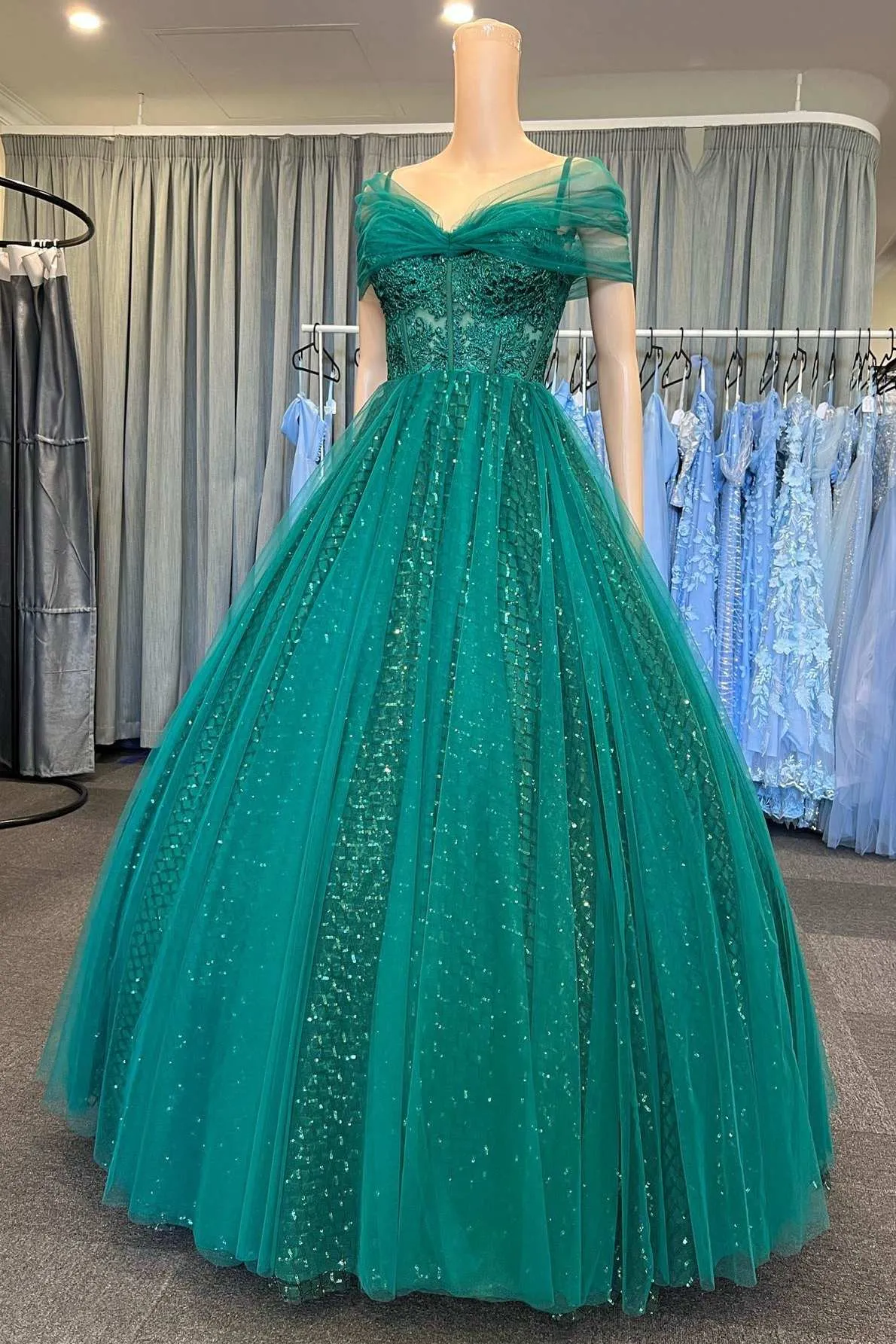 Emerald Green Tulle Cold-Shoulder Appliques Quinceanera Dress sold by KissProm