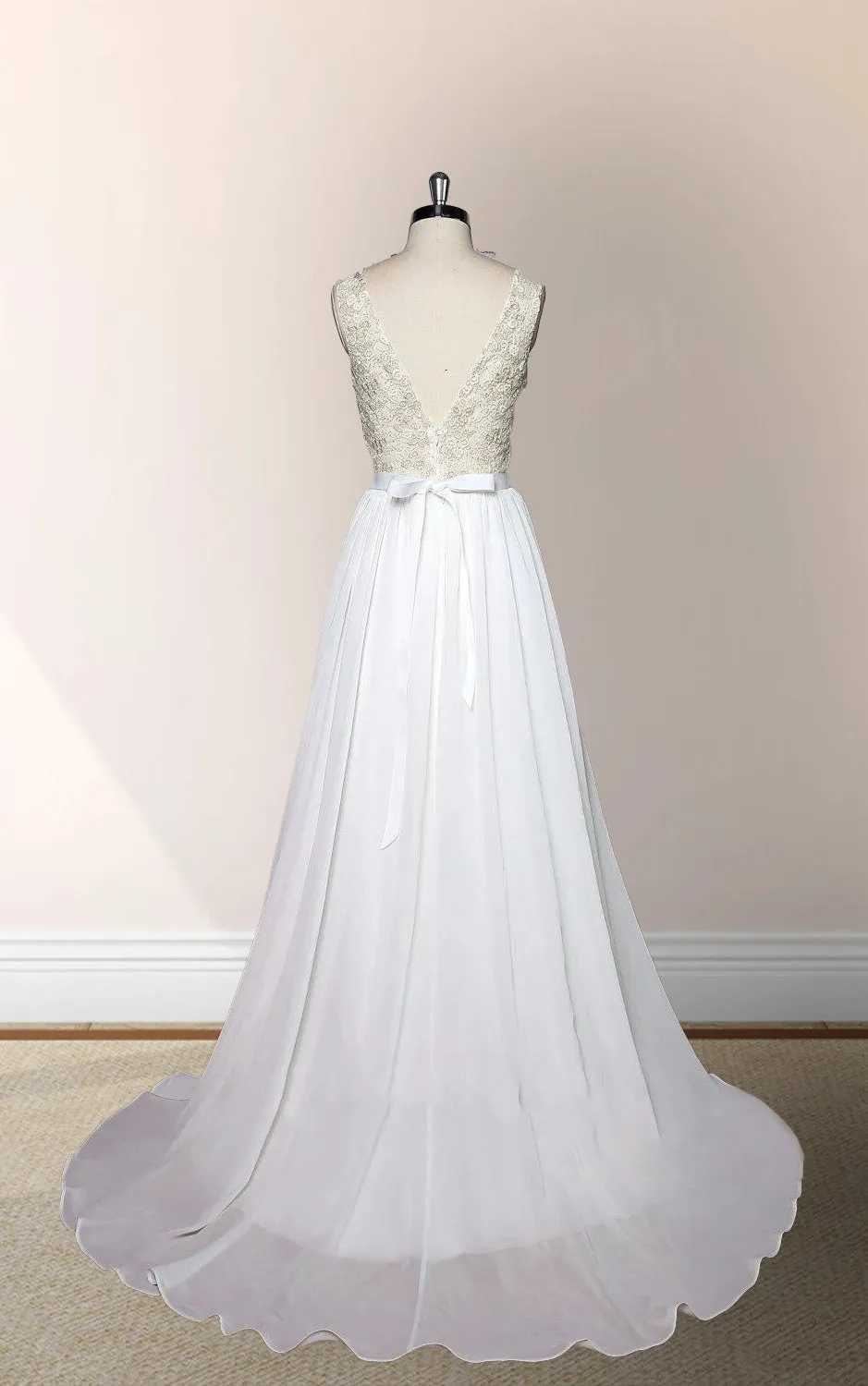 V-Neck Sleeveless Chiffon Wedding Dress With Golden Lace Bodice sold by KissProm product image thumbnail 2