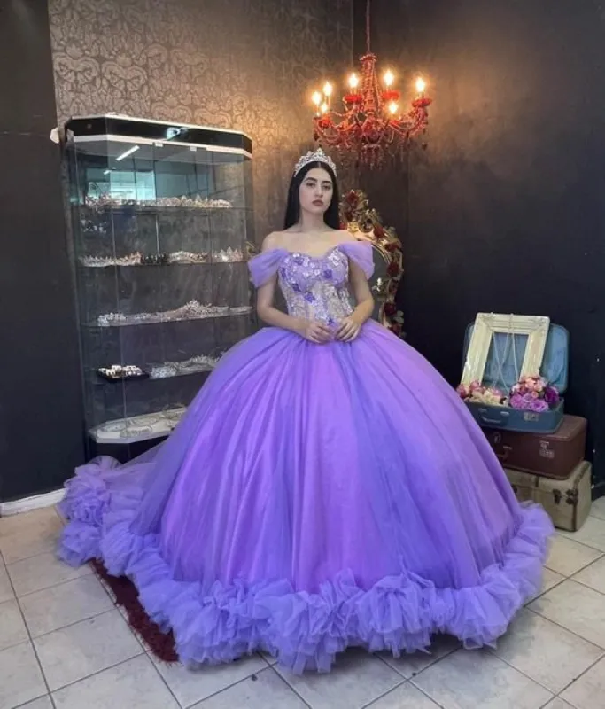 Ball Gown Organza Off-the-Shoulder  Purple Quinceanera Dress sold by KissProm