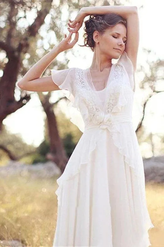 A-Line Sheer Cap Sleeve  Deep V Neck Backless Flower Beading Pleats Chiffon Wedding Dress sold by KissProm
