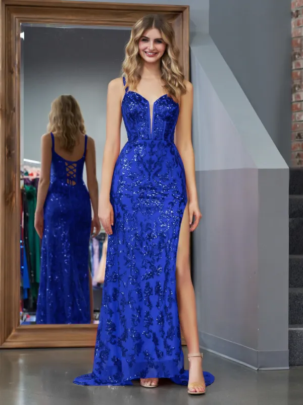 Erryn |Sparkly Blue Sheath Sequins Long Prom Dress with Slit sold by KissProm