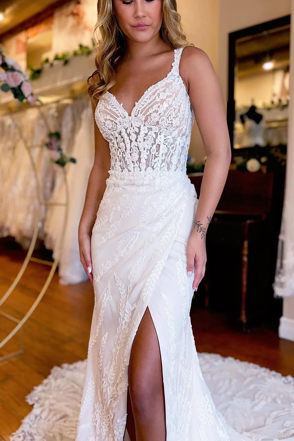 Belen | White V-Neck Sheath Long Lace Wedding Dress with Slit sold by KissProm product image thumbnail 3