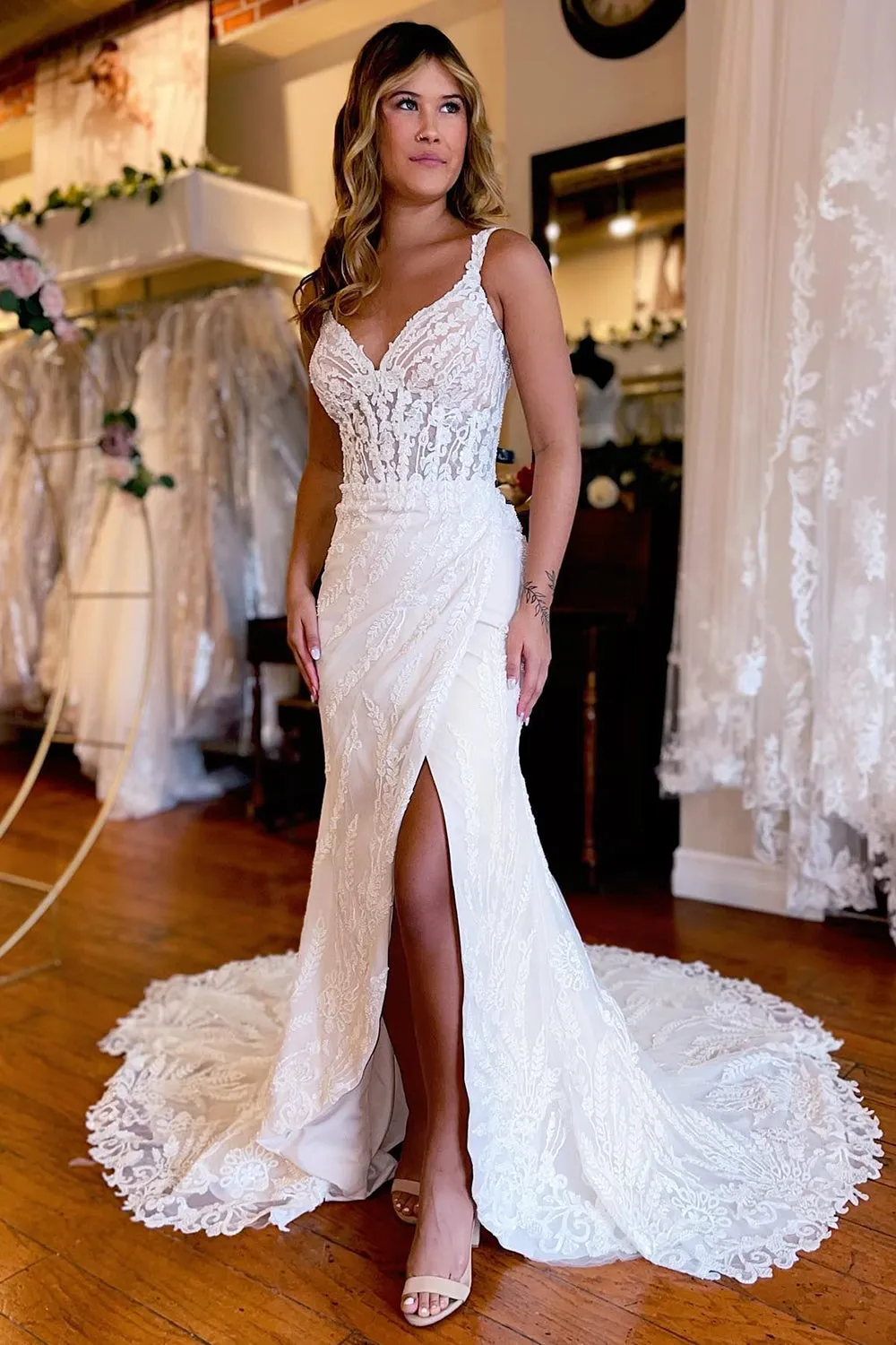 Belen | White V-Neck Sheath Long Lace Wedding Dress with Slit sold by KissProm