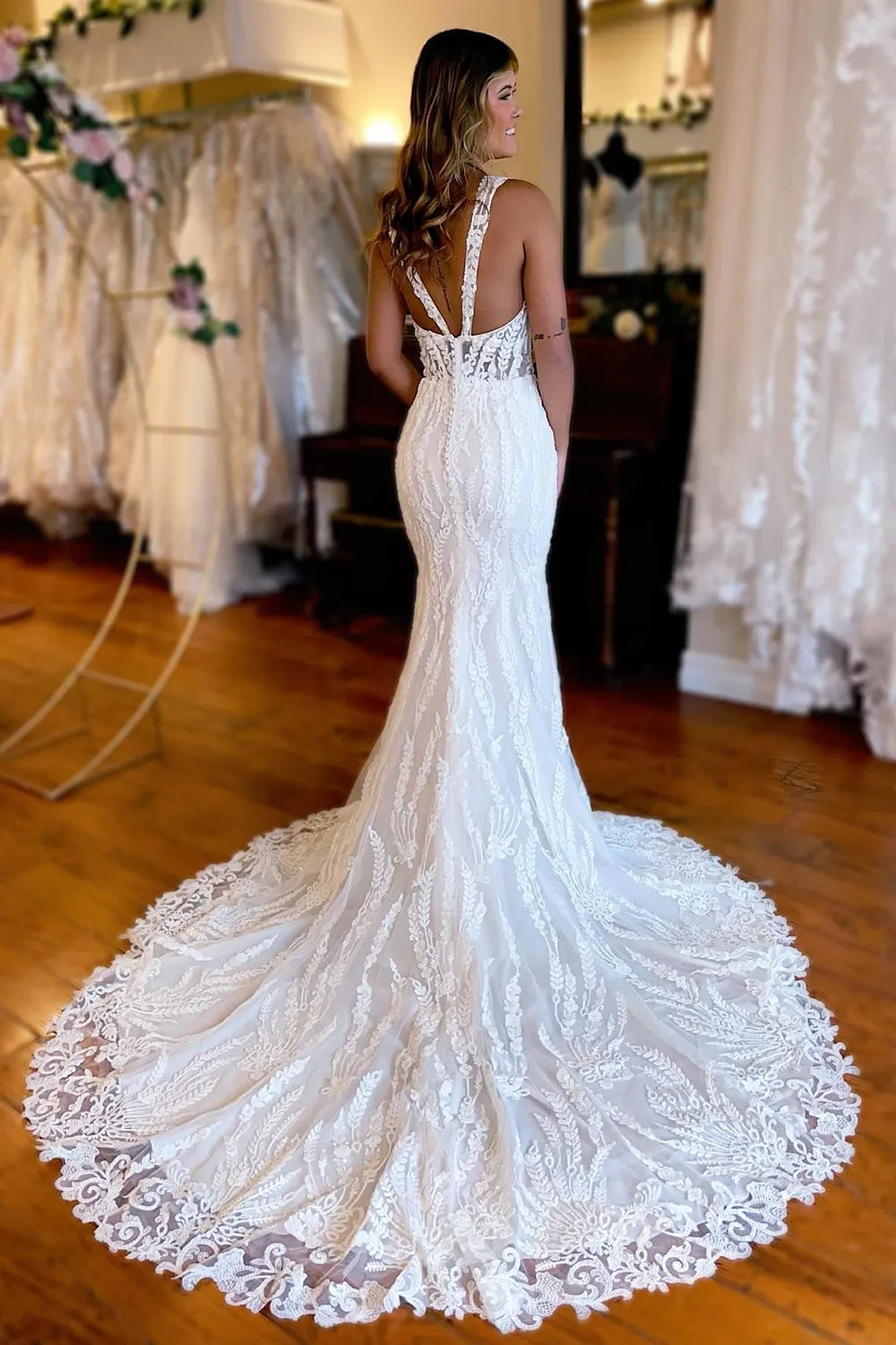 Belen | White V-Neck Sheath Long Lace Wedding Dress with Slit sold by KissProm product image thumbnail 2
