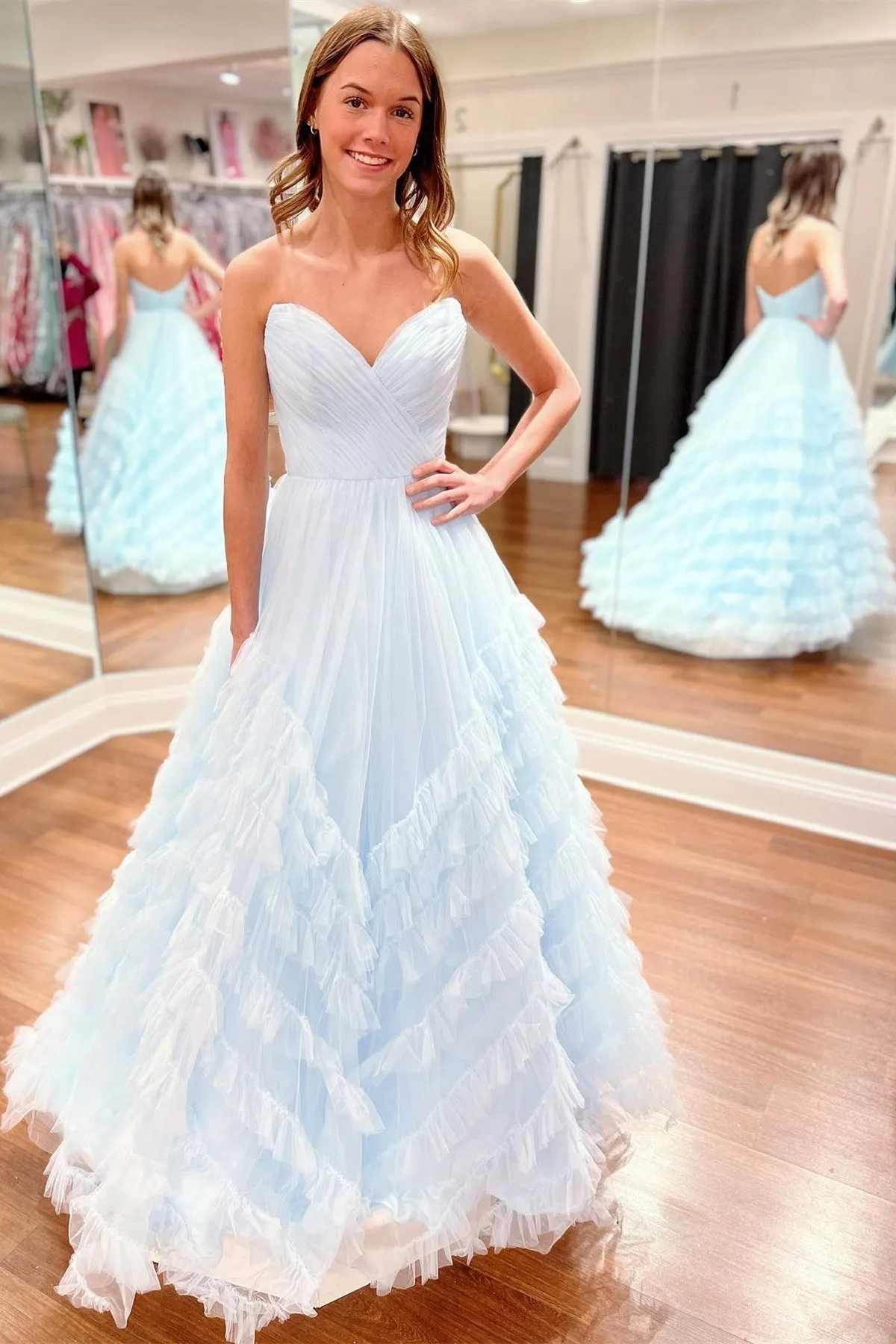 Light Blue Strapless Ruffle Long Prom Dress sold by KissProm