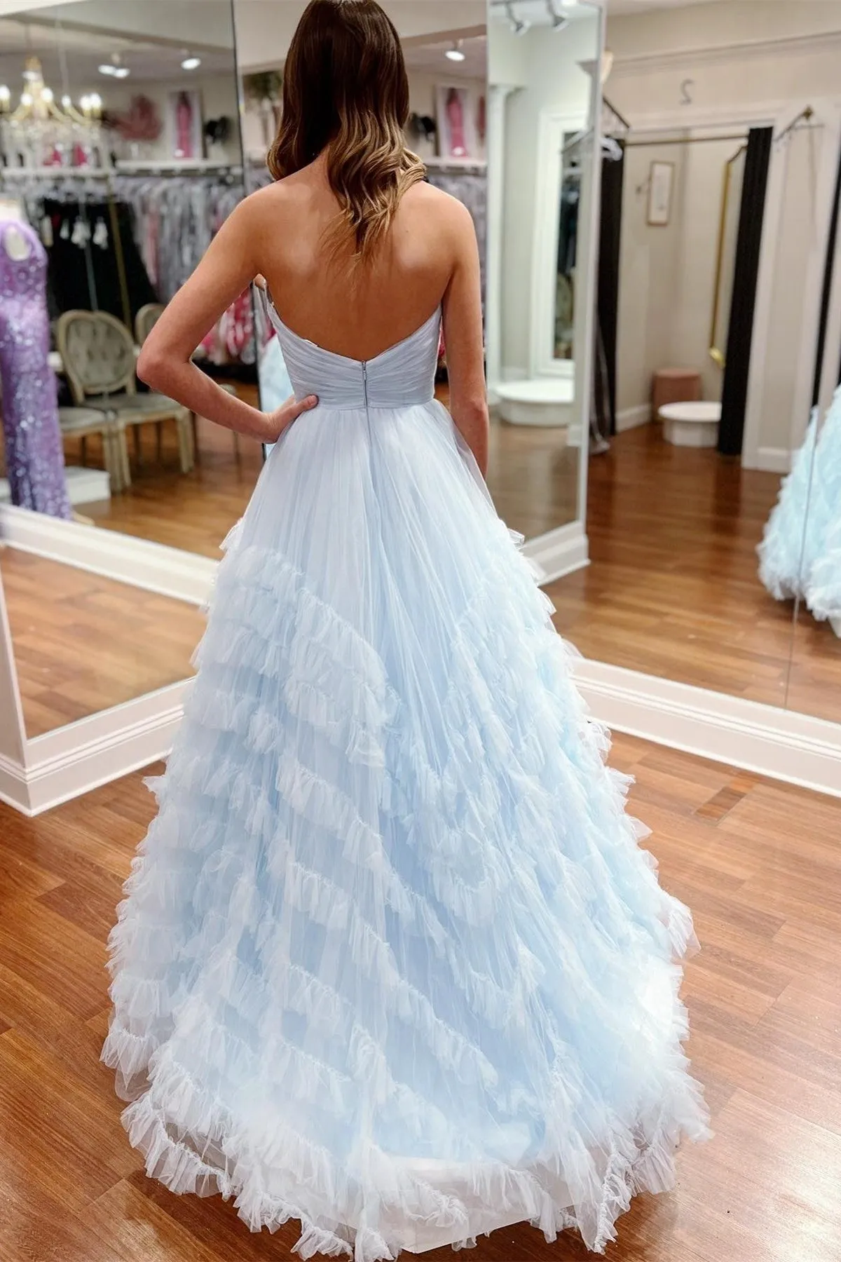 Light Blue Strapless Ruffle Long Prom Dress sold by KissProm product image thumbnail 3