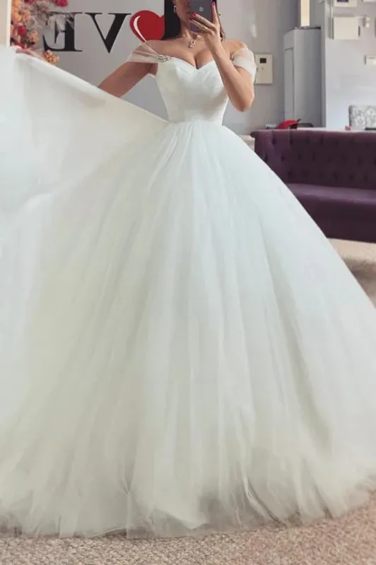 Sweetheart Off-Shoulder Tulle A-Line Lace Applique Illusion Empire Wedding Dress sold by KissProm