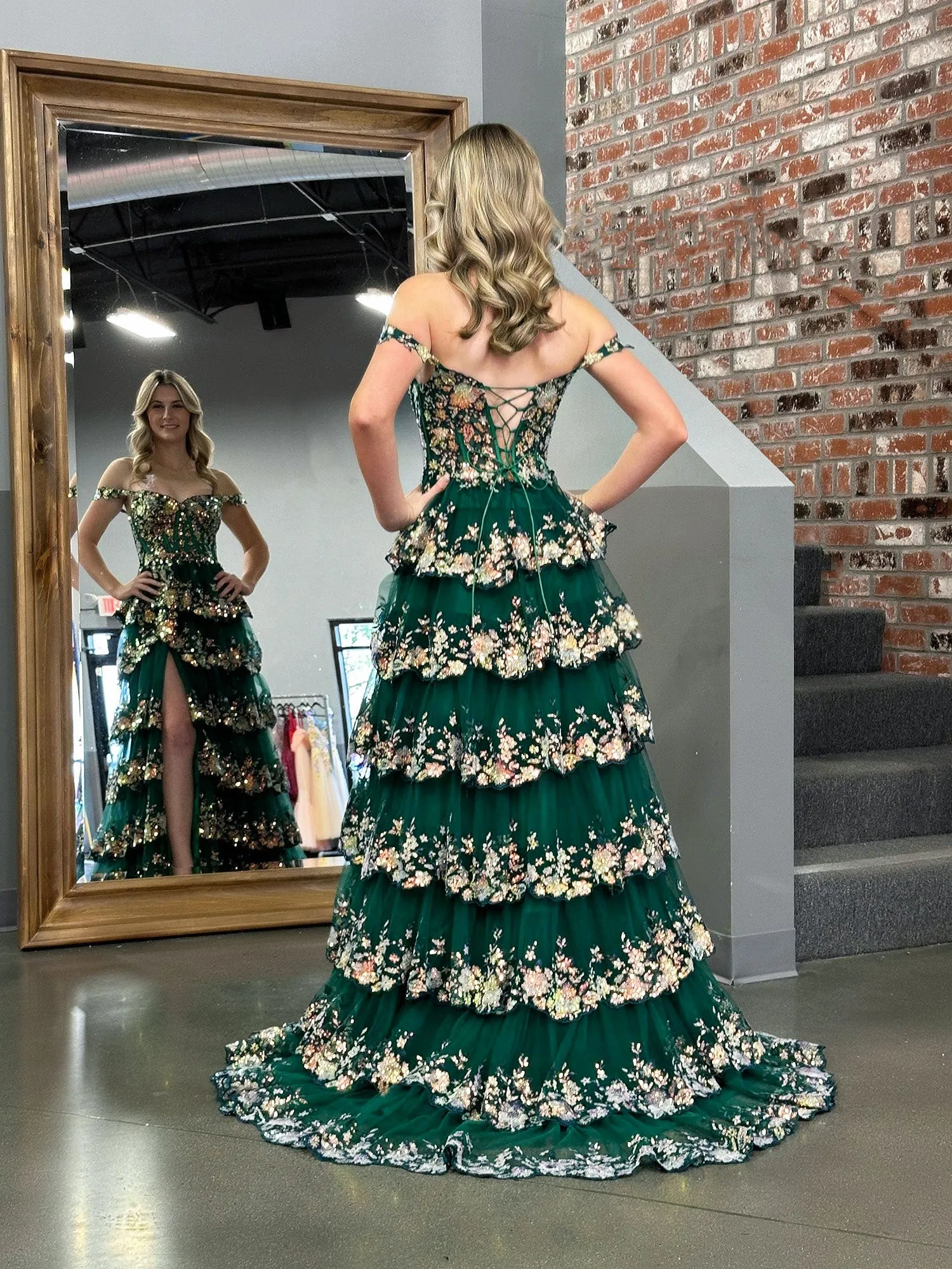 Green Princess A Line Off the Shoulder Corset Prom Dress with Lace Ruffles sold by KissProm product image thumbnail 3