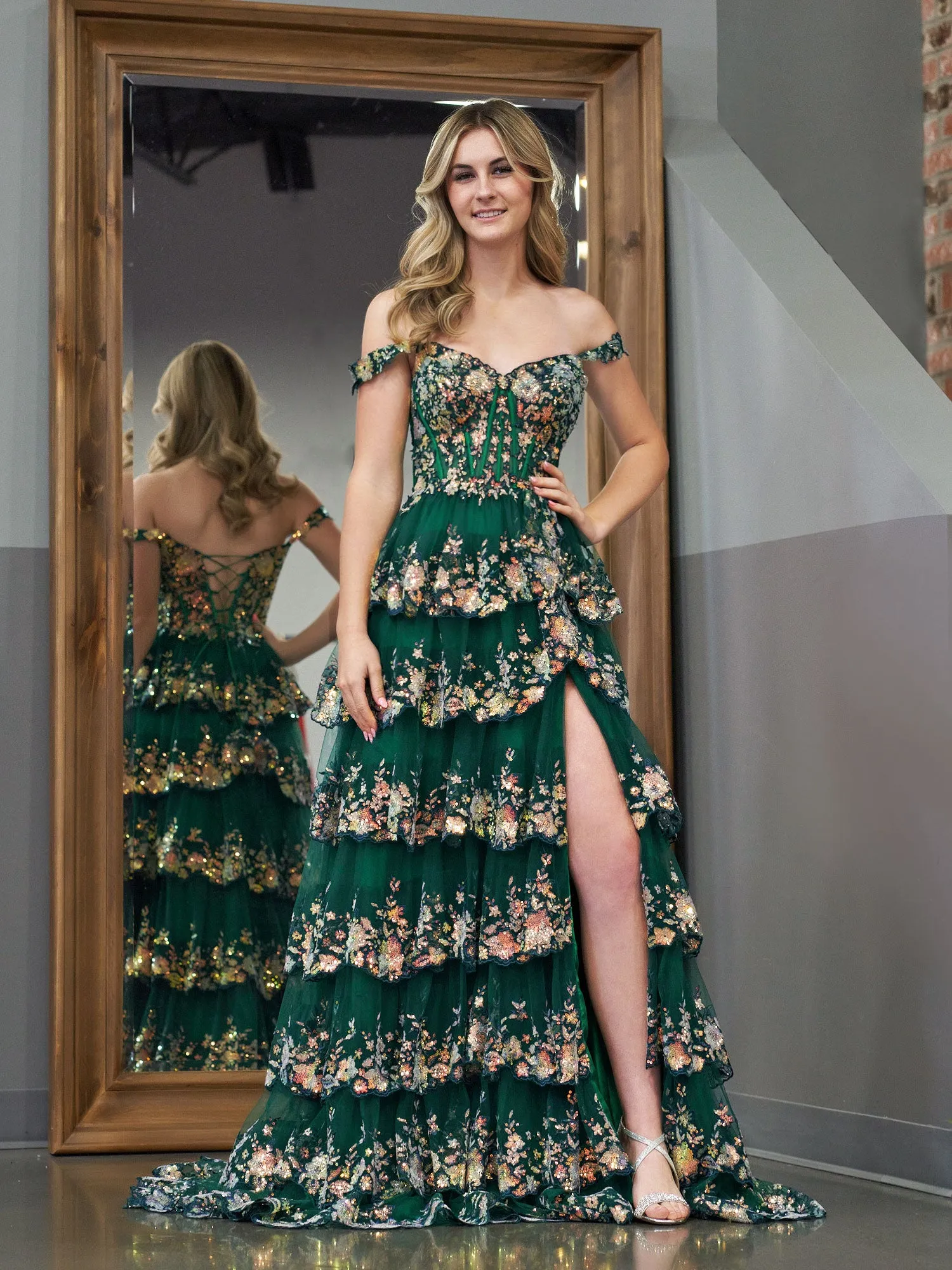 Green Princess A Line Off the Shoulder Corset Prom Dress with Lace Ruffles sold by KissProm product image thumbnail 2