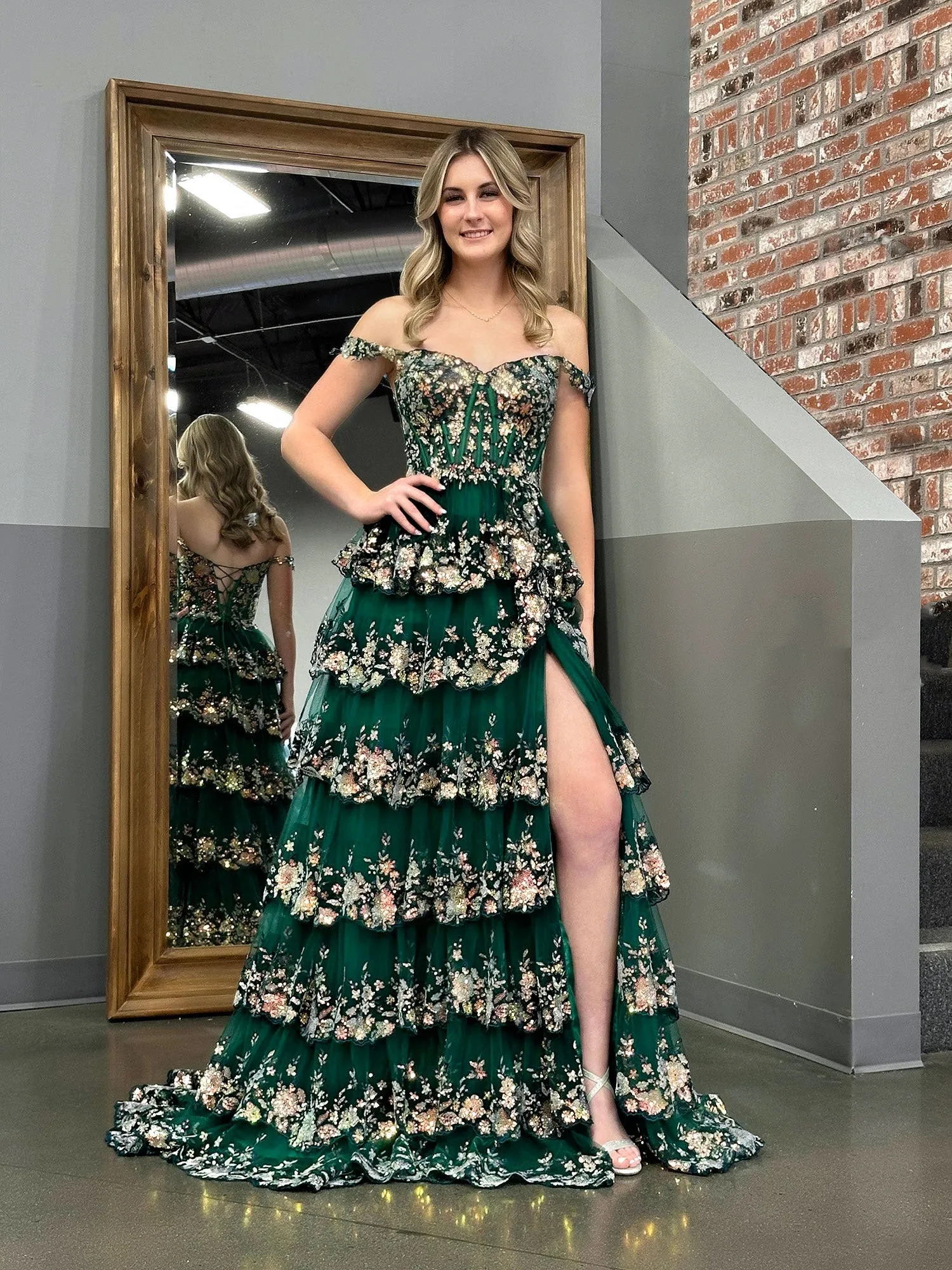 Green Princess A Line Off the Shoulder Corset Prom Dress with Lace Ruffles sold by KissProm
