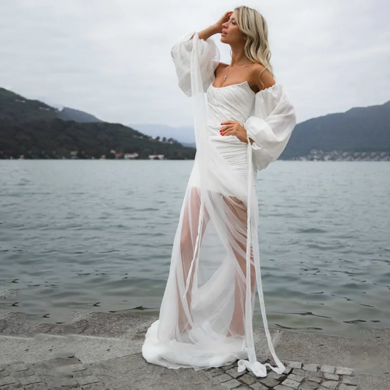 Modern Chiffon Minimalist Wedding Dress with Detachable Long Sleeves sold by KissProm