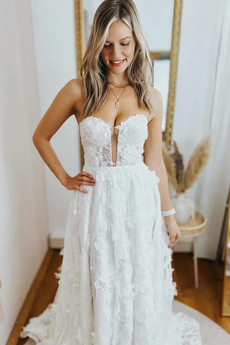 A-Line Sweetheart White Lace Wedding Dresses with Straps sold by KissProm