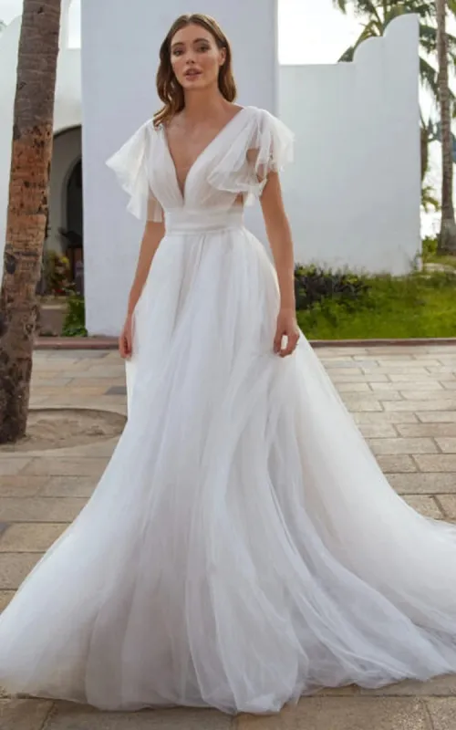 Casual Beach A-Line Tulle Wedding Dress With V-neck And Low-V Back sold by KissProm