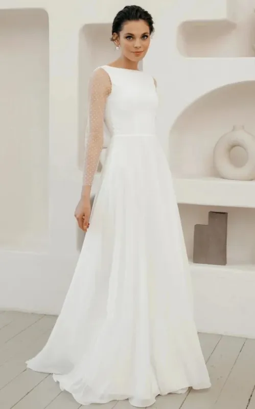 A-Line Chiffon Maxi Wedding Dress Minimalist Sleeved Pearl Button Low Back Bridal Gown sold by KissProm