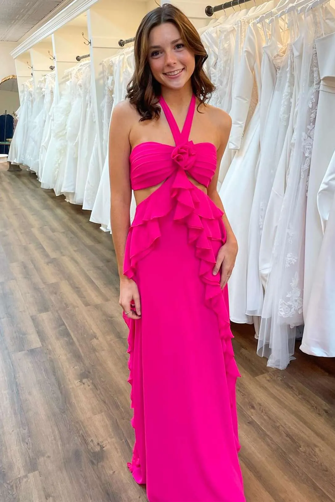 Siena | Halter Magenta Cut Out Ruffle Long Formal Dress sold by KissProm