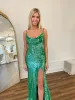River | Chic Elegant Spaghetti Straps Long Prom Dresses Sage Sequins Evening Dress sold by KissProm
