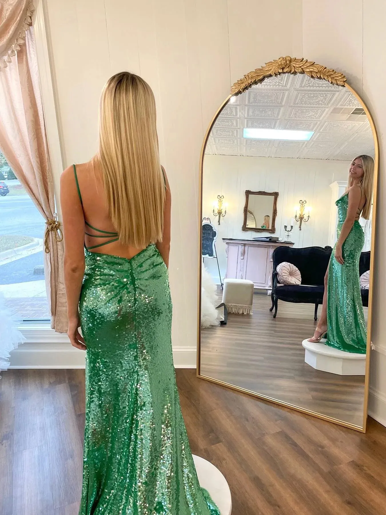 River | Chic Elegant Spaghetti Straps Long Prom Dresses Sage Sequins Evening Dress sold by KissProm product image thumbnail 2
