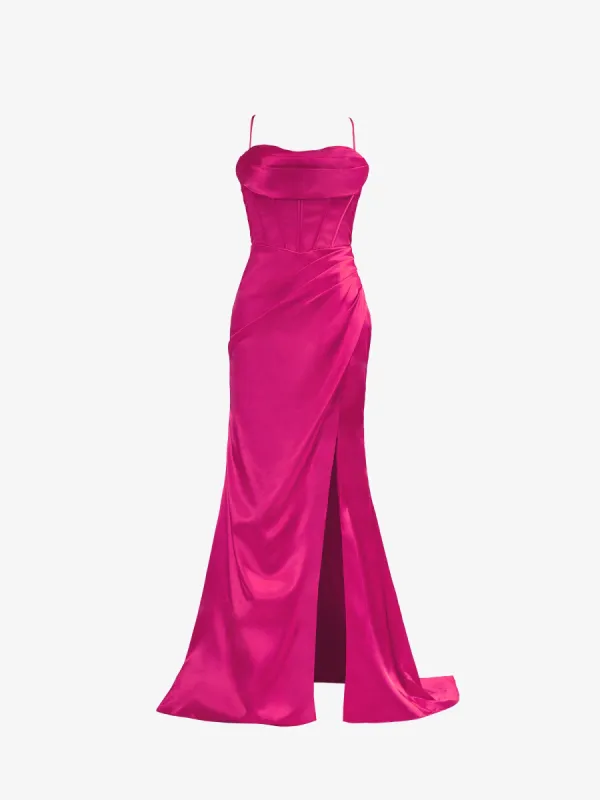 Aaliyah| Hot Pink Spaghetti Straps Satin Mermaid Prom Dress with Slit sold by KissProm