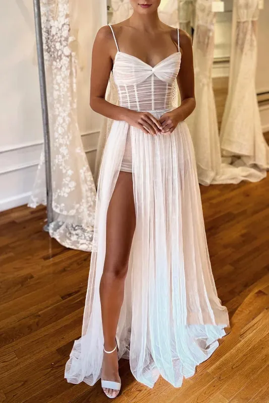 Spgahetti Straps Pleats High Split Bohemian Wedding Dress sold by KissProm