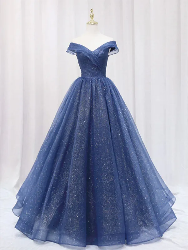 Shiny Off Shoulder Navy Blue Tulle Navy Blue Formal Graduation Evening Dresses sold by KissProm