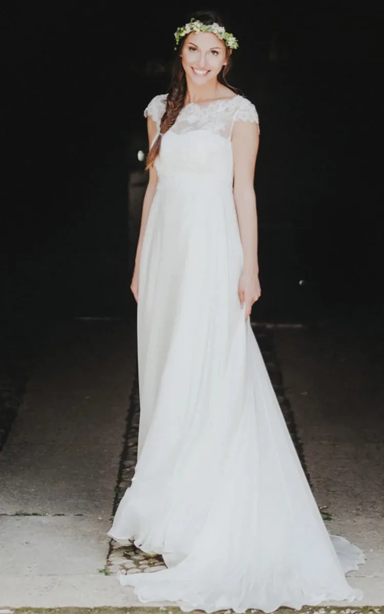 High-end A Line Jewel Chiffon Sweep Train Wedding Dress with Appliques sold by KissProm