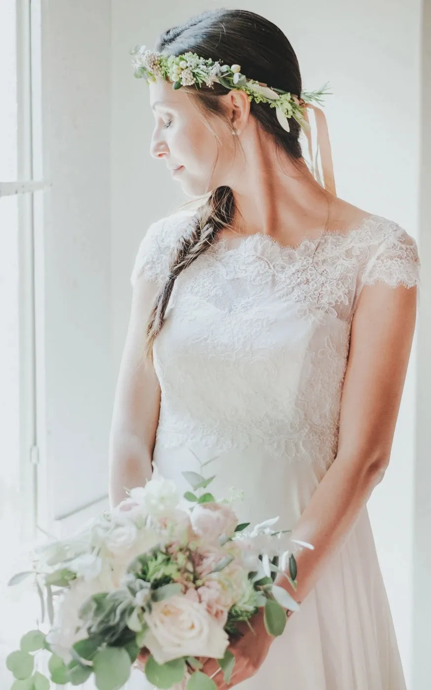 High-end A Line Jewel Chiffon Sweep Train Wedding Dress with Appliques sold by KissProm product image thumbnail 3