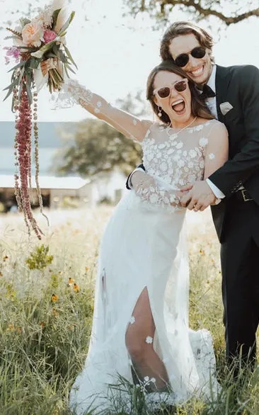 Bohemian Mermaid Bateau Chiffon Wedding Dress with Appliques and Split Front sold by KissProm product image thumbnail 3