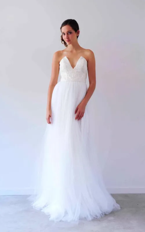 V Neck Sleeveless A-Line Long Tulle Backless White Wedding Dress sold by KissProm