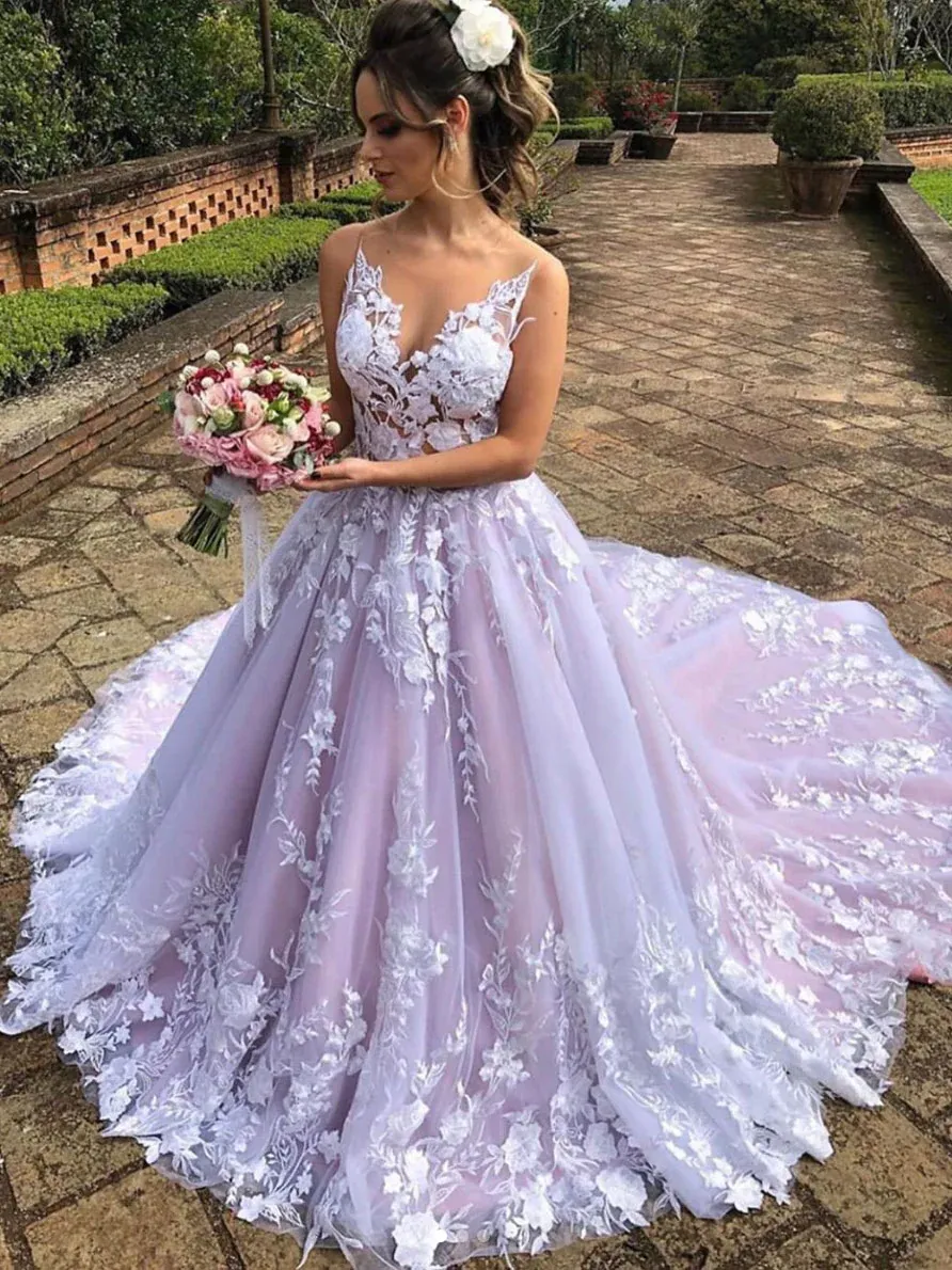Melania | Light Purple Sleeveless A Line V-Neck Lace Wedding Dresses sold by KissProm product image thumbnail 3