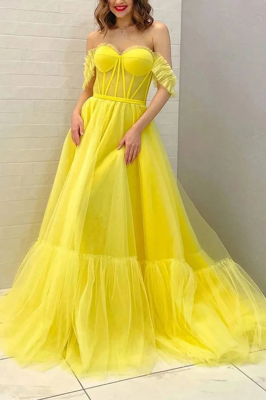 Lexie | A Line Off the Shoulder Yellow Corset Prom Dress sold by KissProm