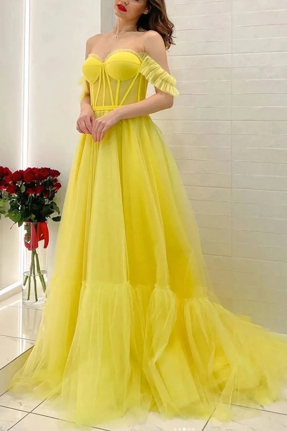 Lexie | A Line Off the Shoulder Yellow Corset Prom Dress sold by KissProm product image thumbnail 2