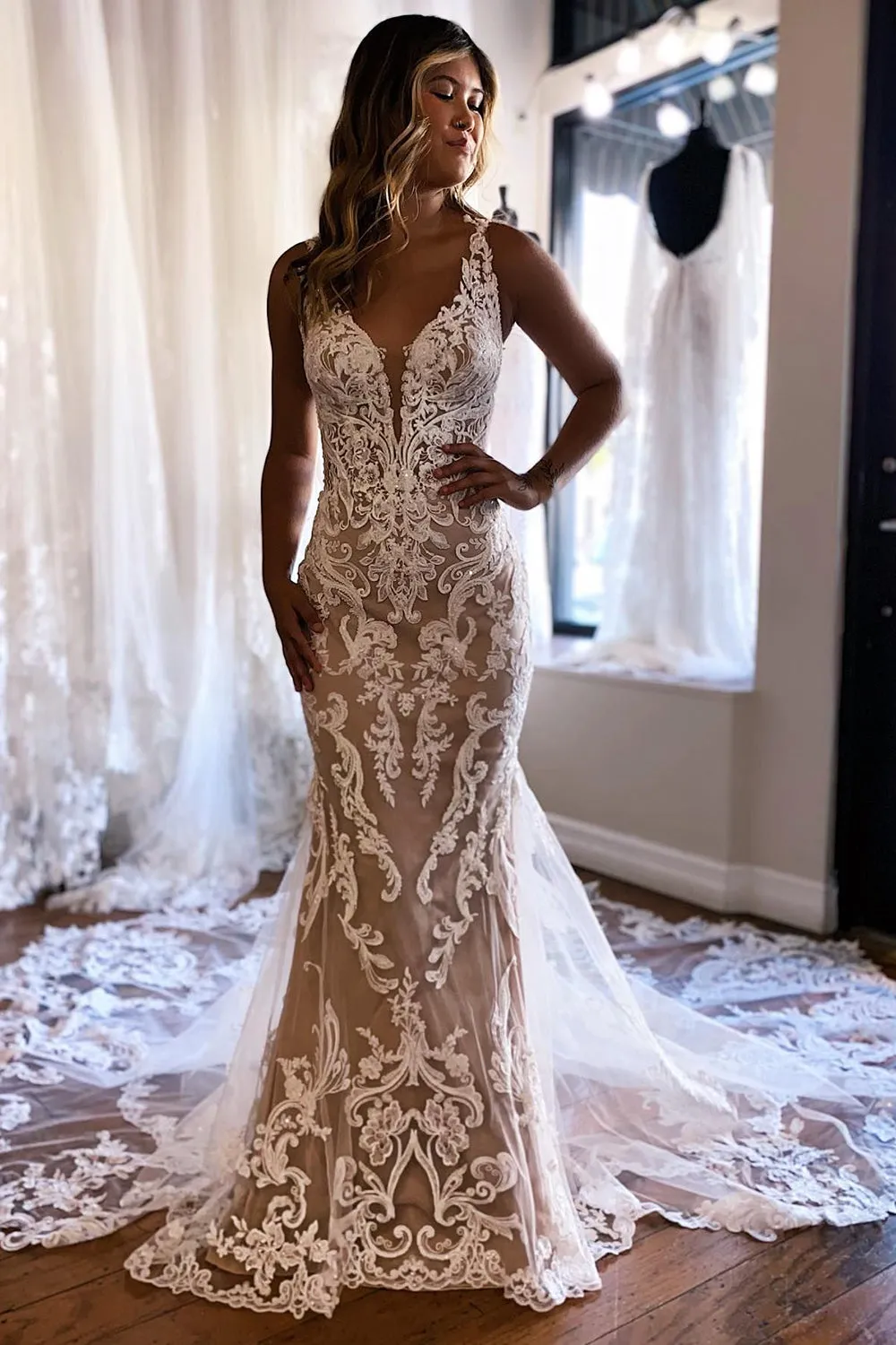Aviana | Champagne V-Neck Mermaid Long Lace Wedding Dress sold by KissProm
