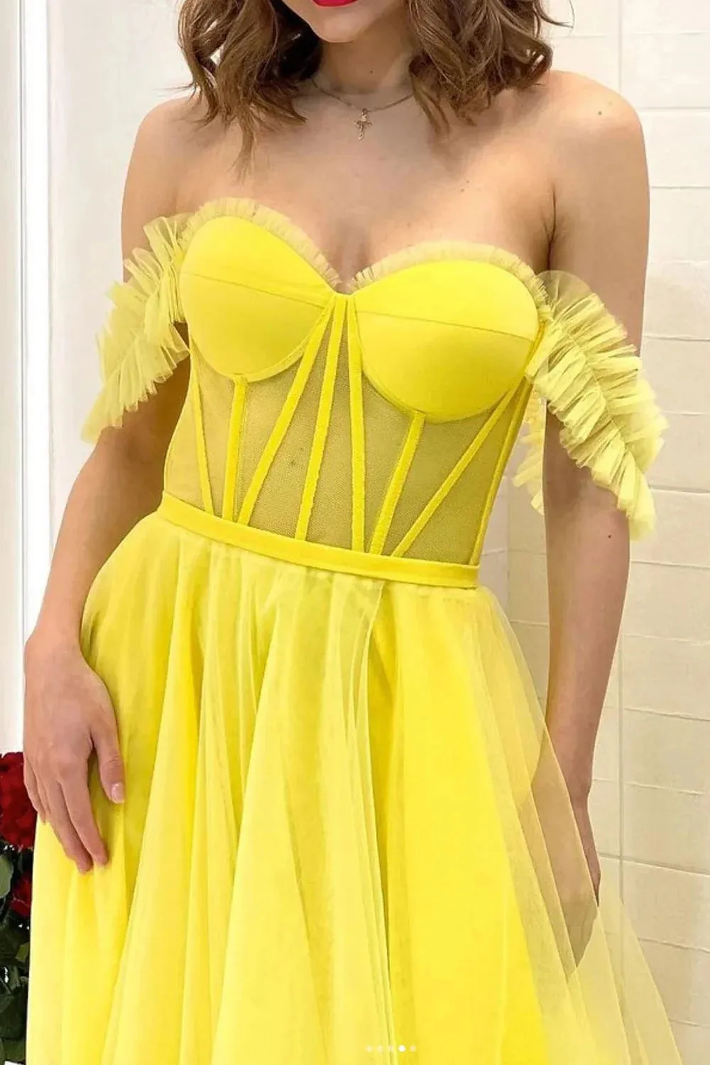 Lexie | A Line Off the Shoulder Yellow Corset Prom Dress sold by KissProm product image thumbnail 3