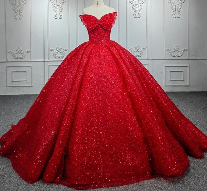 Quinceanera Ball Gown Red Sleeveless Sequined Dress sold by KissProm