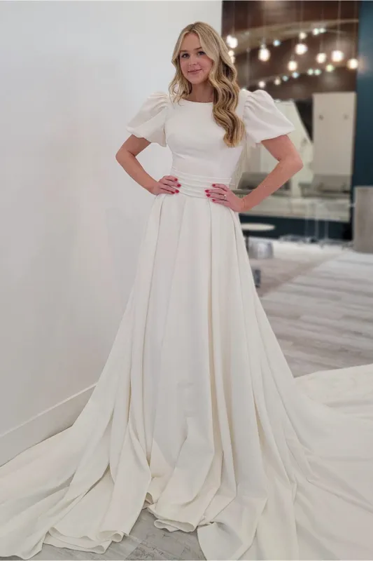 Ivory A-line Puff Sleeves Satin Sweeping Long Wedding Dress sold by KissProm