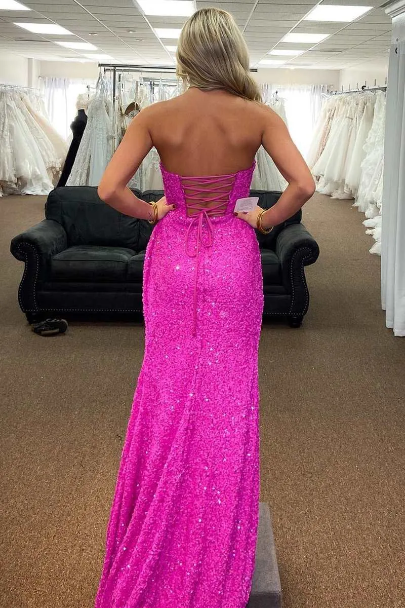 Fuchsia Mermaid Strapless Sequins Lace-Up Long Prom Dress with Slit sold by KissProm product image thumbnail 3
