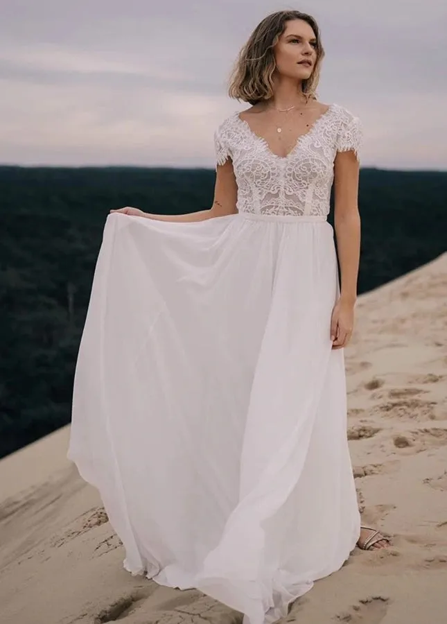 Zephyrine | Boho See Through Lace V-Neck A-Line Chiffon Wedding Dress sold by KissProm