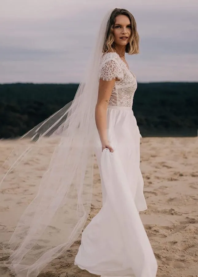 Zephyrine | Boho See Through Lace V-Neck A-Line Chiffon Wedding Dress sold by KissProm product image thumbnail 2