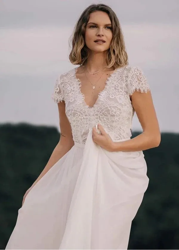 Zephyrine | Boho See Through Lace V-Neck A-Line Chiffon Wedding Dress sold by KissProm product image thumbnail 3