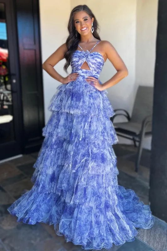 Emmeline| Blue Print Halter Keyhole Ruffle Tiered Long Prom Dress sold by KissProm