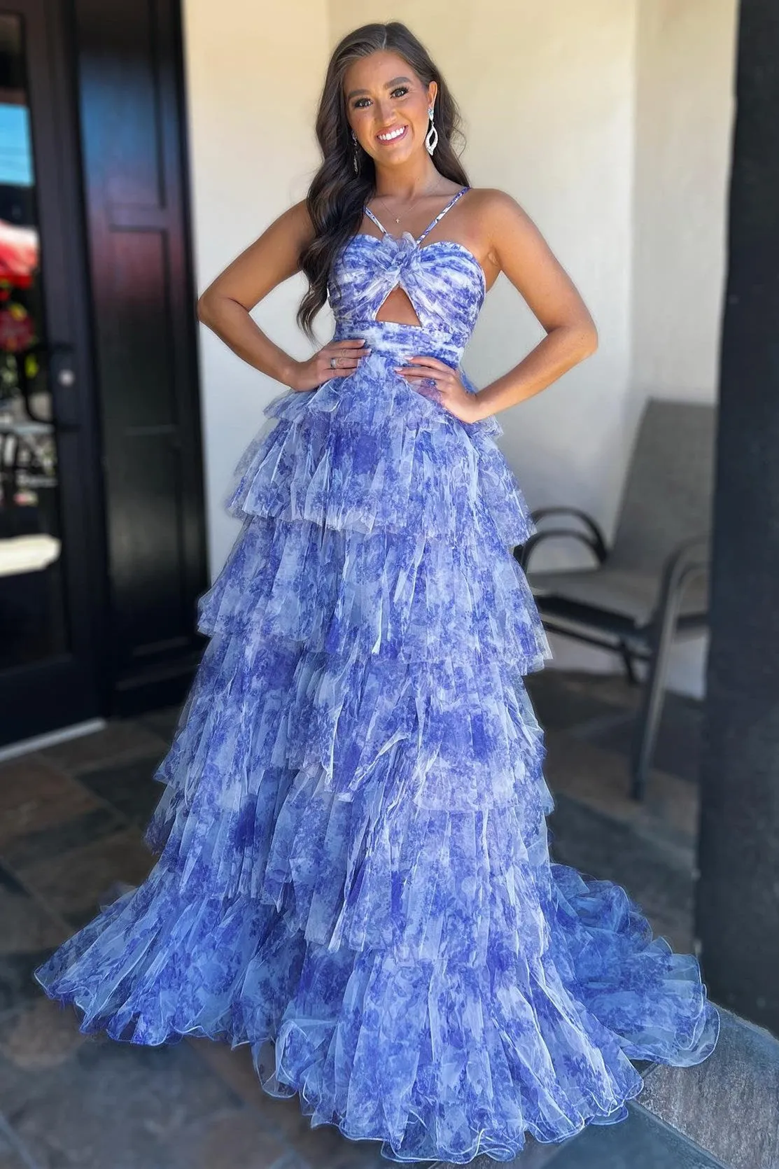 Emmeline| Blue Print Halter Keyhole Ruffle Tiered Long Prom Dress sold by KissProm