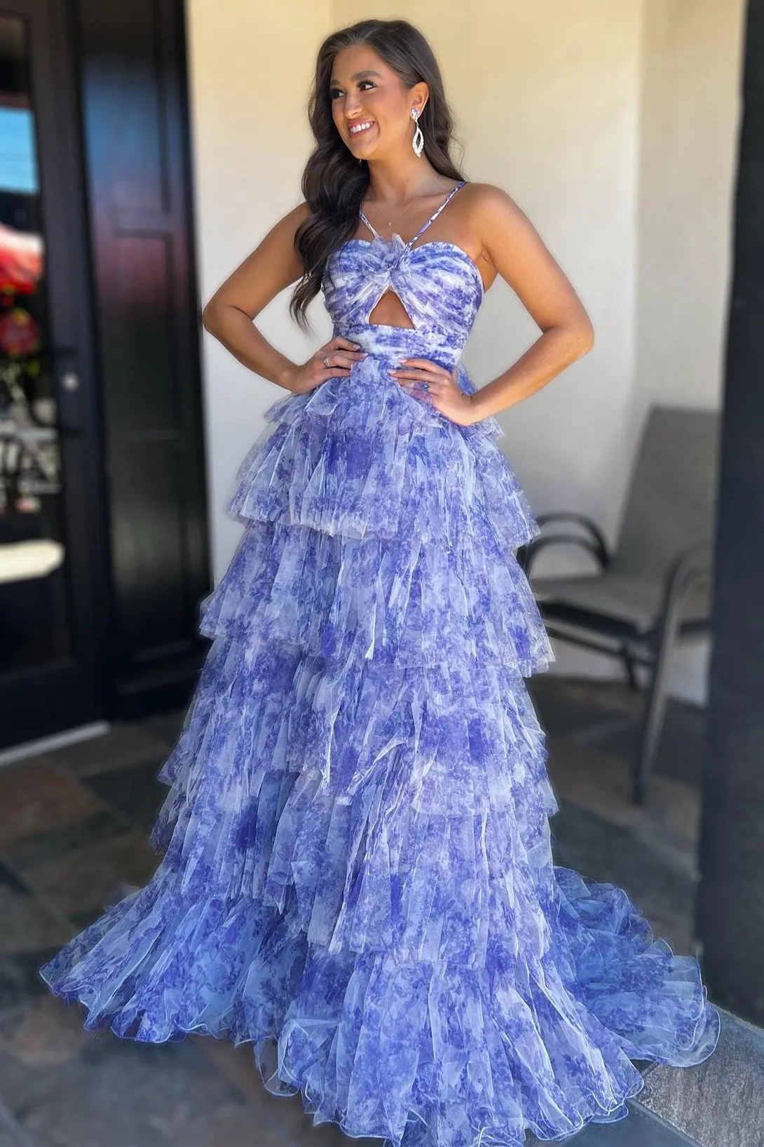 Emmeline| Blue Print Halter Keyhole Ruffle Tiered Long Prom Dress sold by KissProm product image thumbnail 2