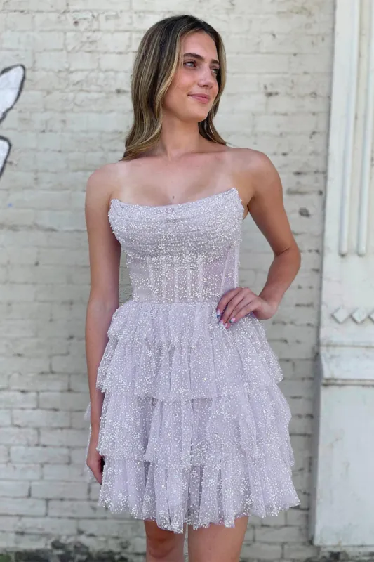 A Line Strapless Tiered Homecoming Dress sold by KissProm
