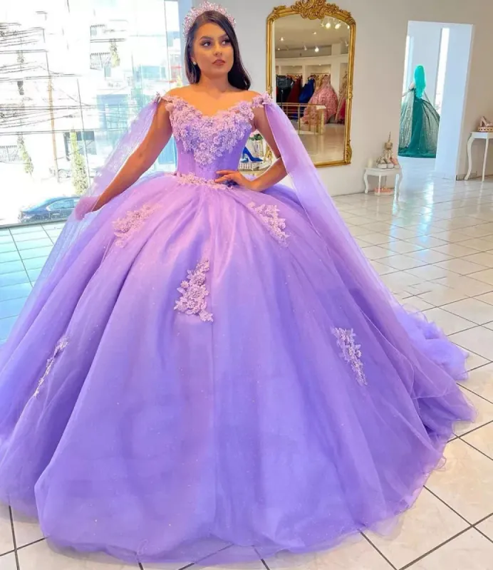 Lilac Ball-Gown Tulle Quinceanera Dresses 3D Flowers With Cape sold by KissProm