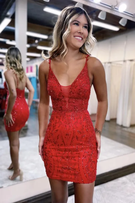 V neck Lace Appliques Short Homecoming Dress Tight Graduation Dress sold by KissProm