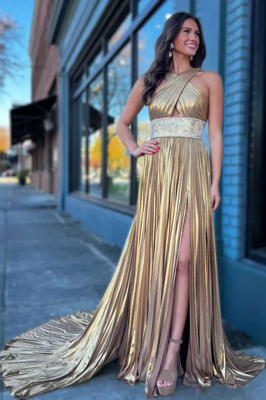 Macy | Pleated Criss Cross Straps Metallic Long Prom Dress sold by KissProm