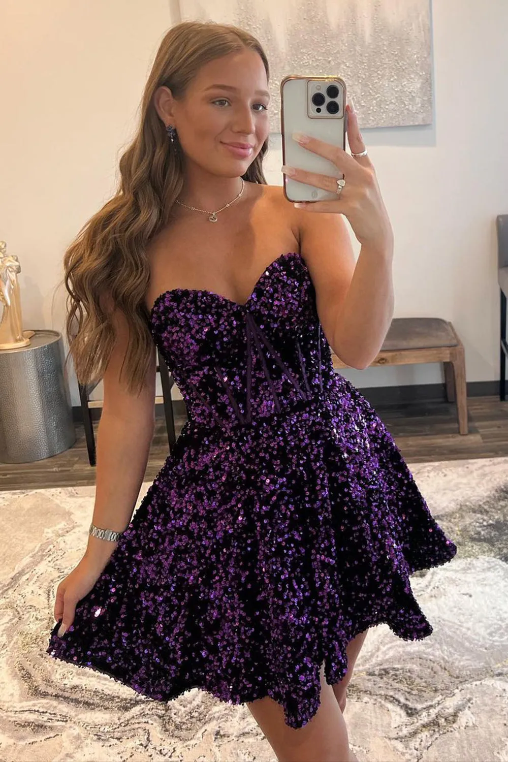 A Line Sweetheart Purple Sequins Short Homecoming Dress sold by KissProm